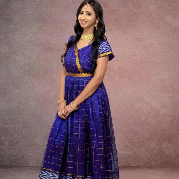 Purple Checker Silk Anarkali Dress | Muvvas Boutique - Picture 1 of 5